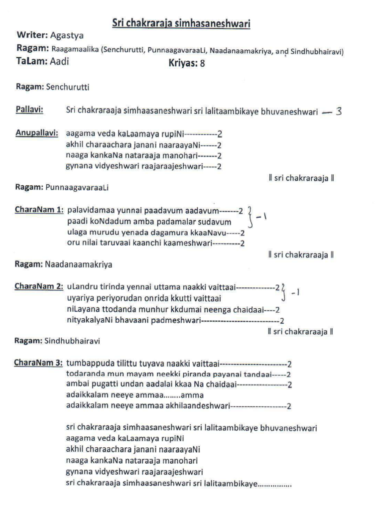 Sri chakra raja simhasaneshwari lyrics in English